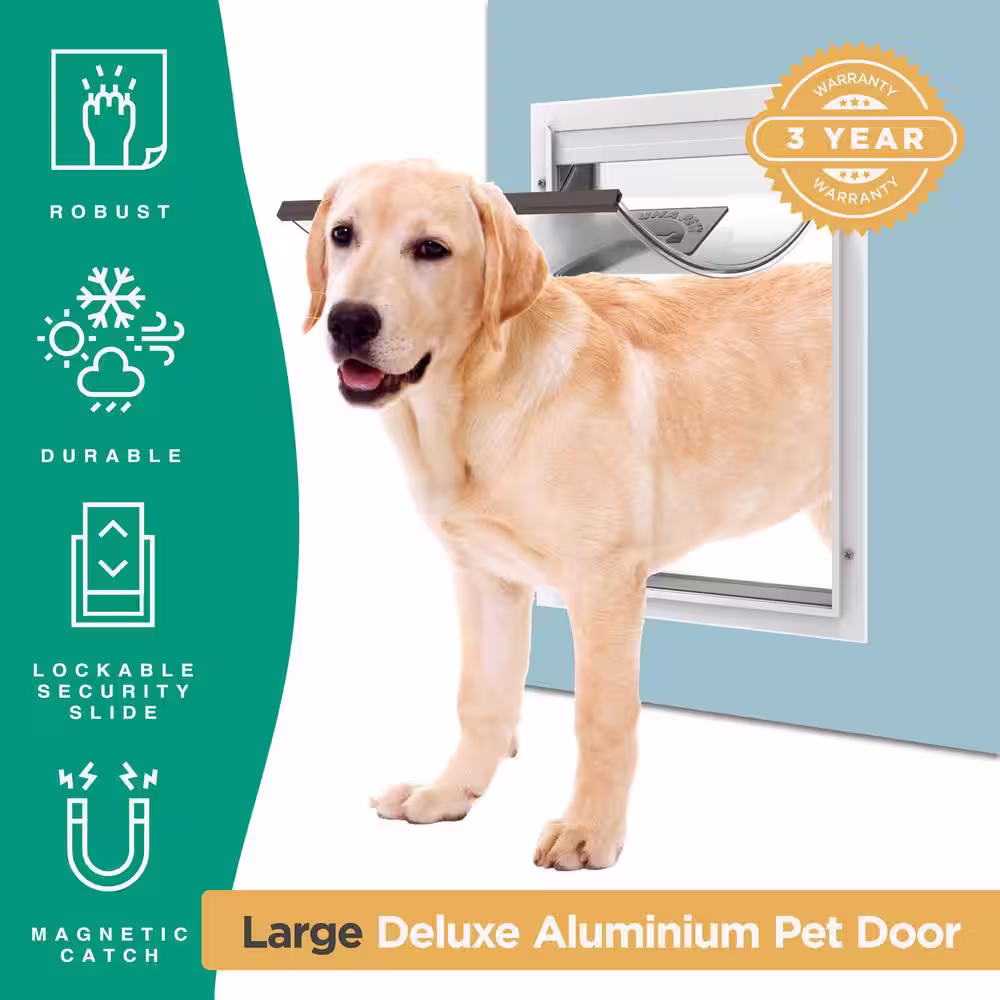 Hakuna Pets 11.4 in. x 16.1 in. Large Deluxe Aluminum Pet Door, Adjustable Tunnel, White