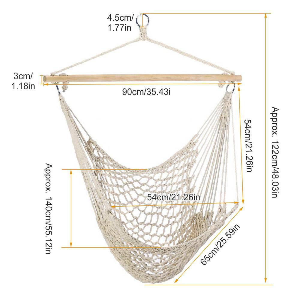 None 4 ft. Cotton Hammock Chair Hanging Rope Seat Swing with Wooden Stick 220 lbs. Load for Patio Yard Porch Outdoor