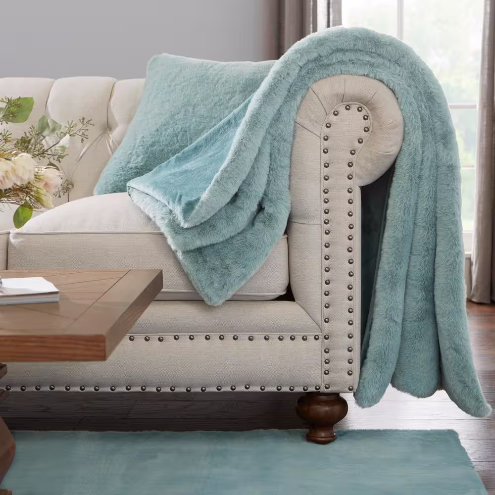 Home Decorators Collection Piper Blue Faux Rabbit Fur 20 in. x 20 in. Square Throw Pillow