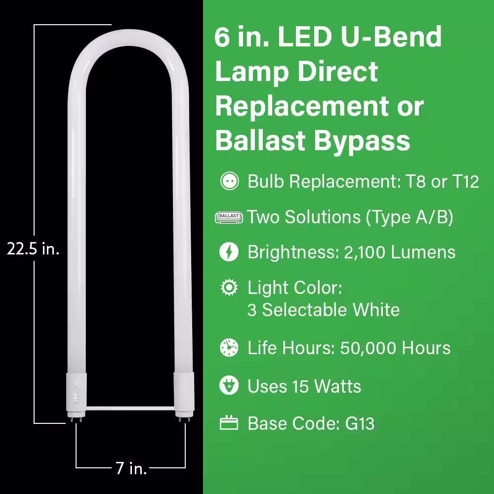 Feit Electric 15-Watt 6 in. T8 G13 Type AB Plug and Play and Ballast Bypass Linear U-Bend LED Tube Light Bulb, Selectable White
