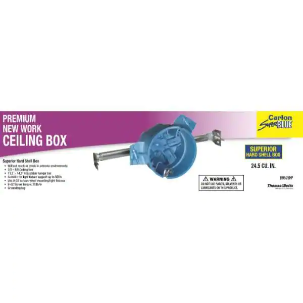 Carlon 4 in. 24.5 cu. in. Hard Shell PVC New Work Electrical Ceiling Box with Adjustable Hanger Bar and Ground Lug