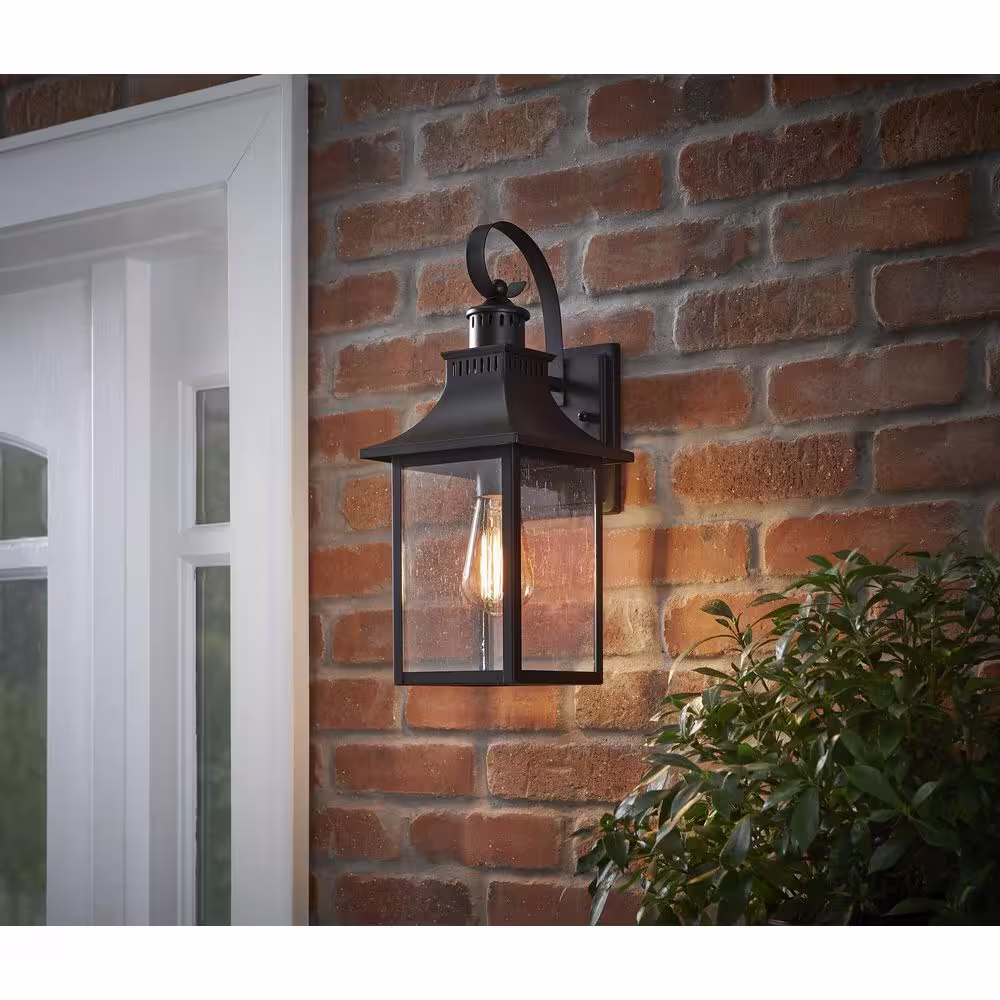 Hampton Bay Edgehill 1-Light Matte Black Hardwired Outdoor Wall Lantern Sconce with Clear Seeded Glass