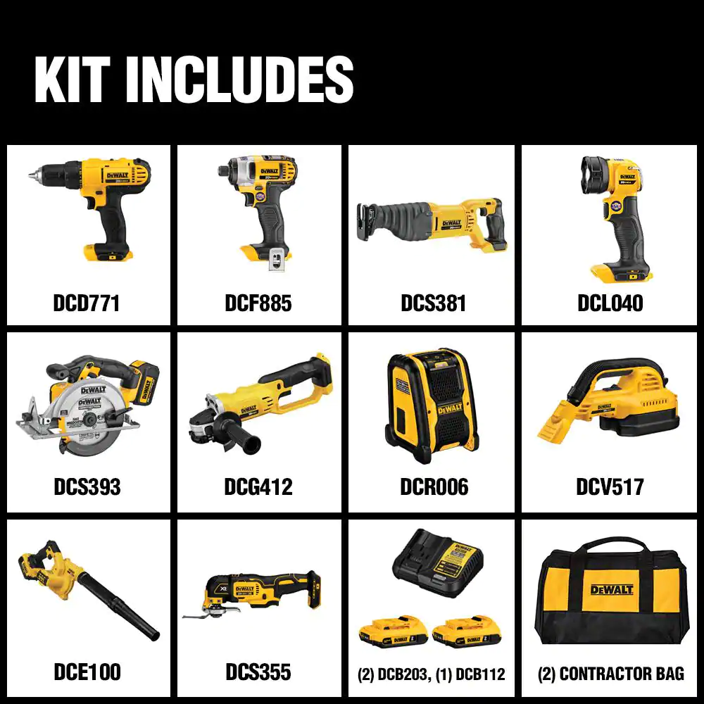 DEWALT 20V MAX Cordless 10 Tool Combo Kit with (2) 20V 2.0Ah Batteries, Charger, and Bag