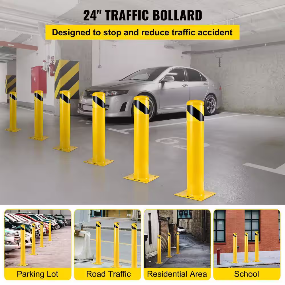 VEVOR Safety Bollard 24 in. x 4.5 in. Yellow Powder Coat Pipe Steel Safety Barrier with 4 Free Anchor Bolts