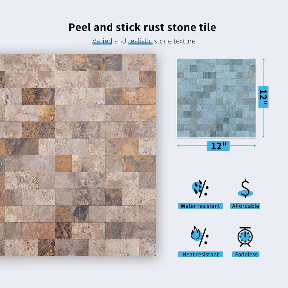 Art3d Square Stone 12 in. x 12 in. PVC Peel and Stick Tiles Backsplash Waterproof (4.9 sq.ft/pack)