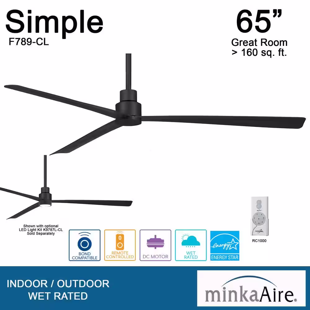 MINKA-AIRE Simple 65 in. 6 Fan Speeds Ceiling Fan in Black with Remote Control