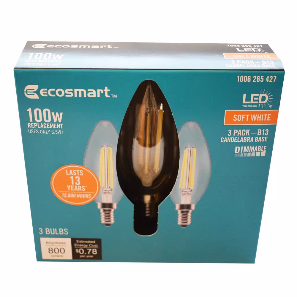 EcoSmart 100-Watt Equivalent B13 Blunt Tip Dimmable E12 Candelabra Clear Glass LED Vintage Edison Light Bulb Soft White (3-Pack)