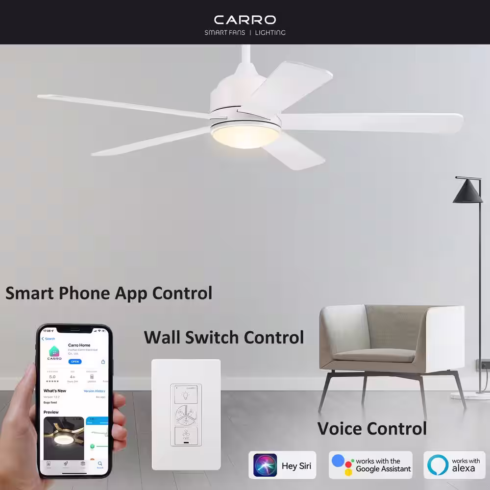 CARRO Soran 52 in. Integrated LED Indoor White Smart Ceiling Fan with Light Kit and Wall Control, Works with Alexa/Google Home