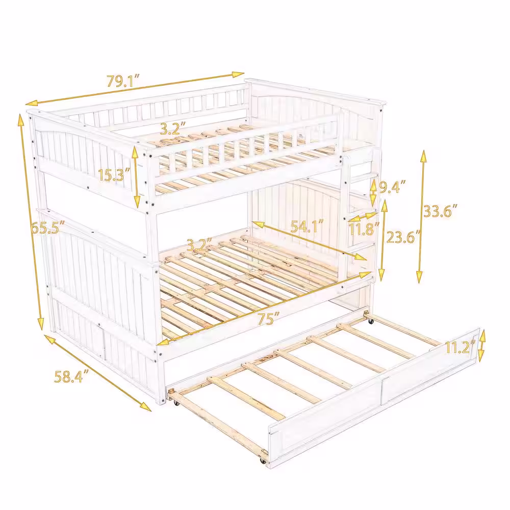 Harper & Bright Designs White Full Over Full Wood Bunk Bed with Twin Trundle