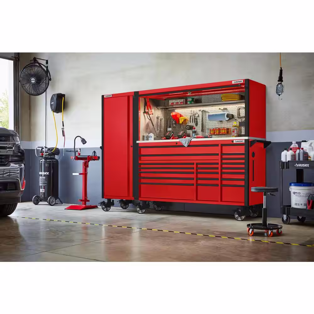 Husky 72 in. W x 24.5 in. D Professional Duty 20-Drawer Mobile Workbench Combo with Side Locker and Top Hutch in Gloss Red