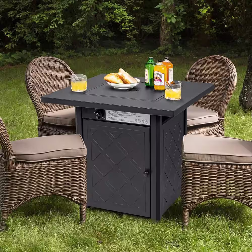 HONEY JOY Black 28 in. Gas Fire Pit Table 50,000 BTU Auto-Ignition Propane Fire Pit Table, Outdoor Fire Table with Lid Suitable