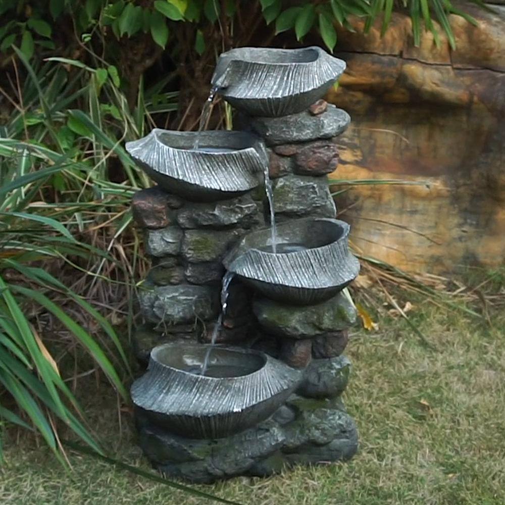 None Outdoor 4-Tier Polyresin Cascading Rock Bowl Freestanding Stone Water Fountain with LED Light