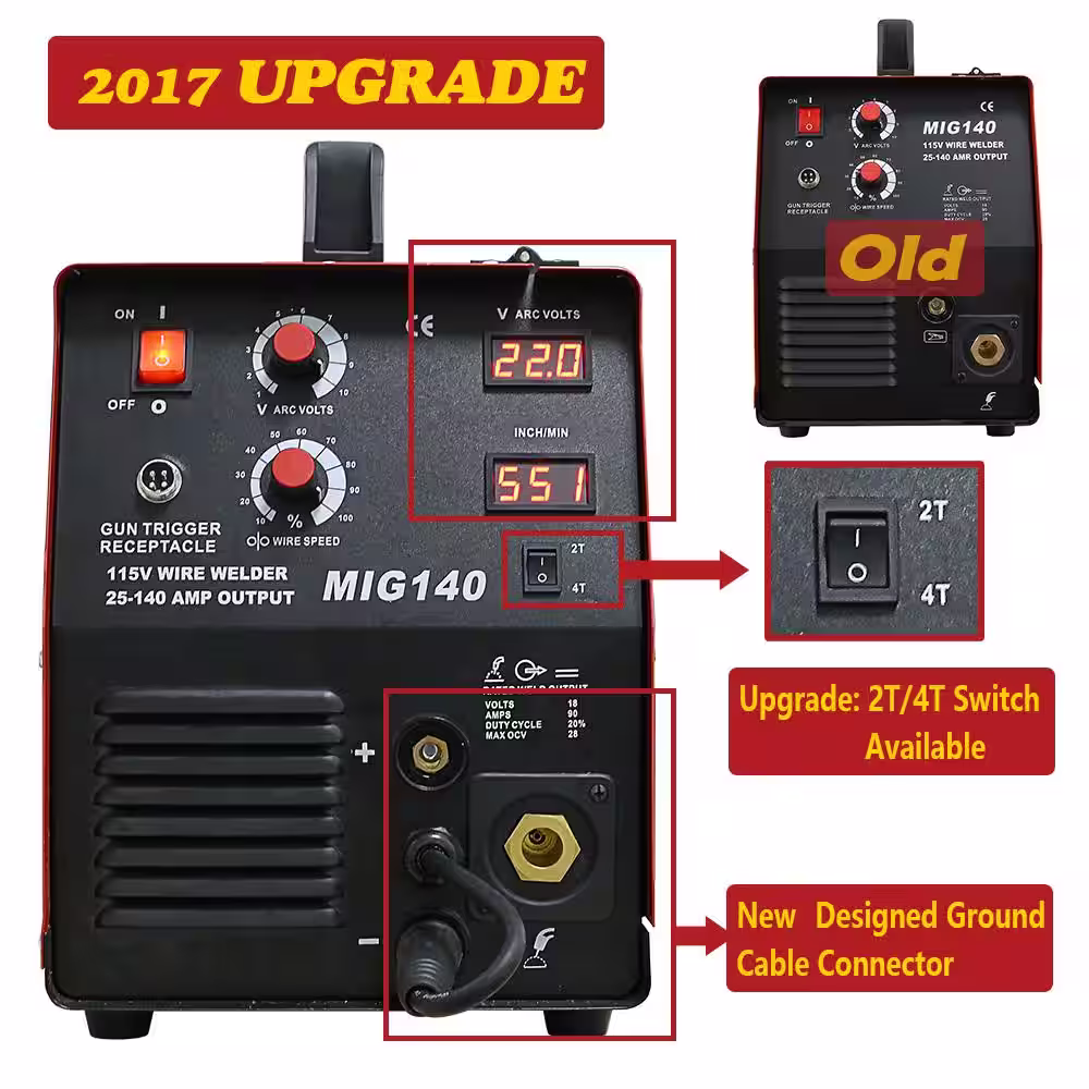 Lotos 140 Amp MIG Wire Feed Welder Flux Core Welder and Aluminum Welder UNG 5/8 in. Hose Fitting Regulator 2T/4T Switch 110V