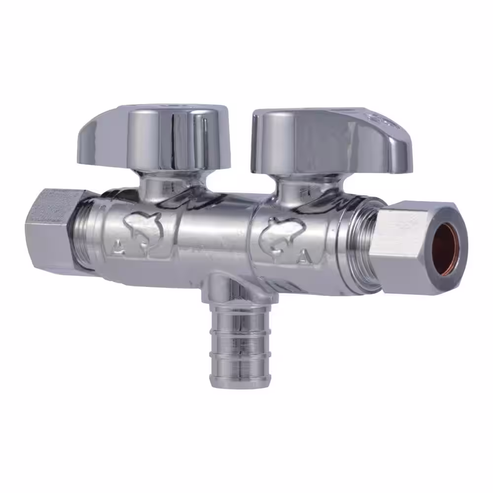 SharkBite 1/2 in. PEX Crimp x 3/8 in. O.D. Compression x 3/8 in. O.D. Compression Quarter Turn Dual Shut-Off Stop Valve