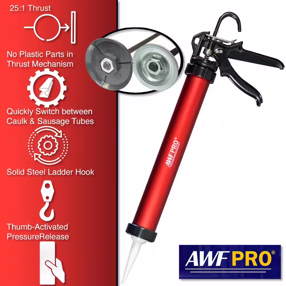 AWF PRO 22 oz. Pro Sausage and Bulk Caulk Gun Aluminum Barrel 25:1 Thrust Ratio, and 9 Replacement Tips