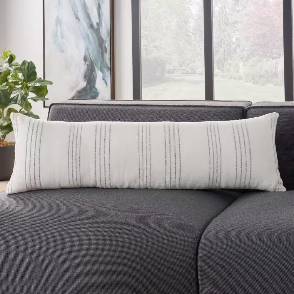 Mina Victory Lifestyles White and Gray Striped 12 in. x 40 in. Rectangle Throw Pillow