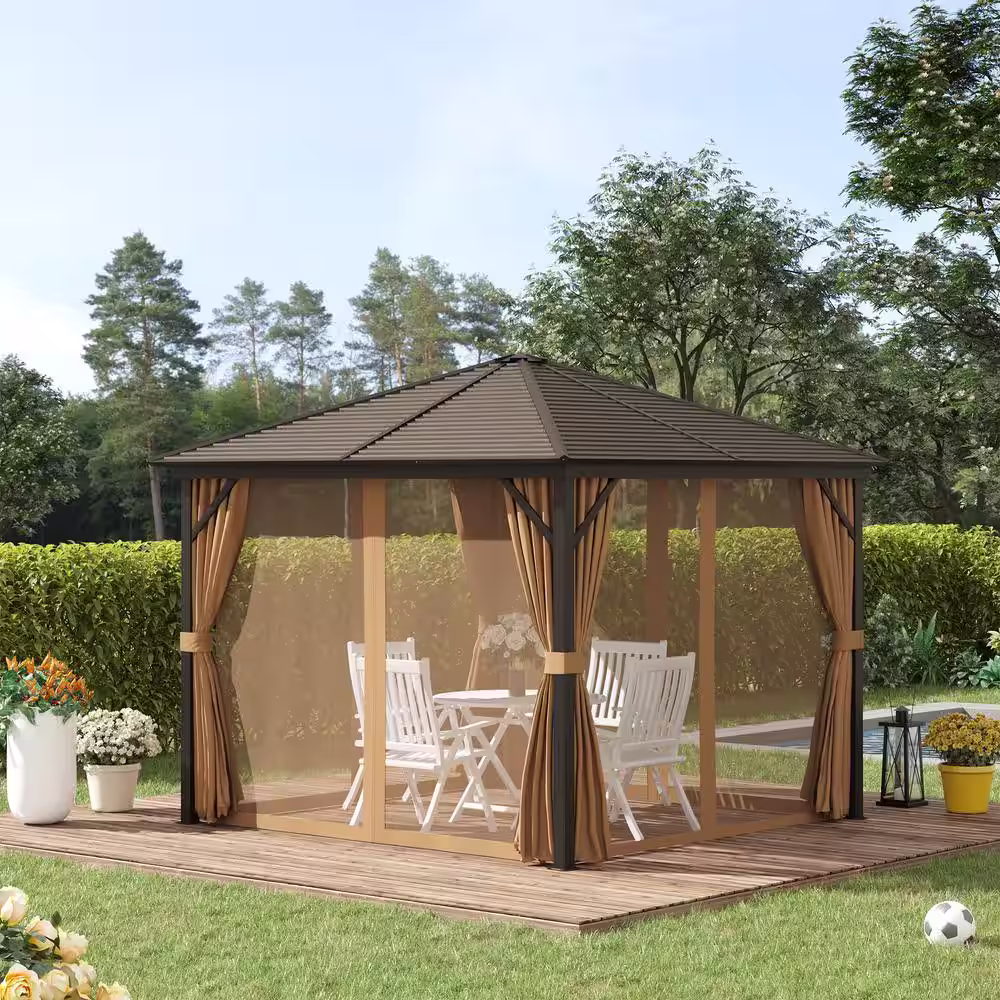 Outsunny 10 ft. x 10 ft. Outdoor Hardtop Patio Gazebo Steel Canopy with Aluminum Frame, Curtains, and Top Hook, Dark Brown