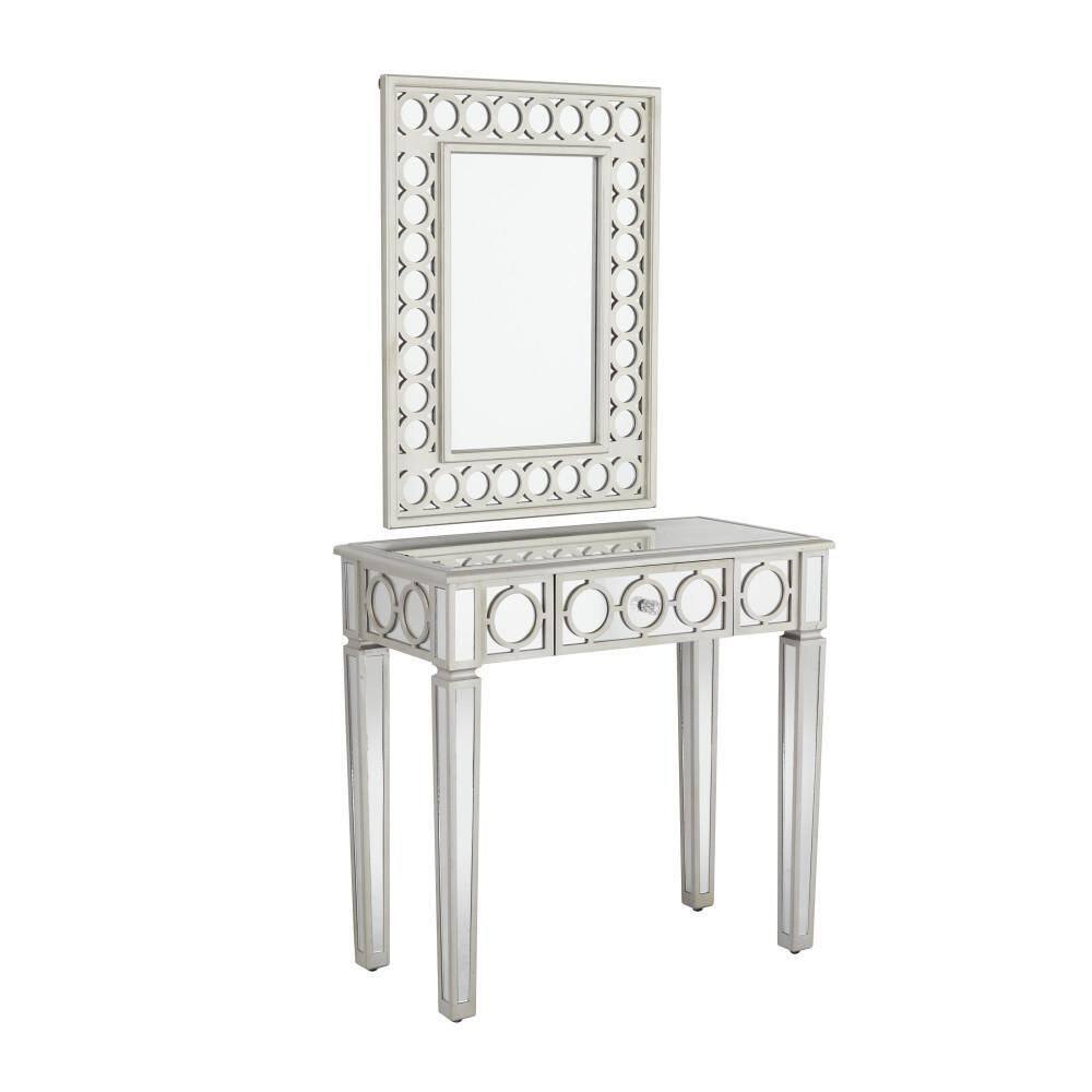 Litton Lane 23 in. Silver Extra Large Rectangle Glass Geometric Mirrored Single Drawer Console Table with Mirror (2- Pieces)