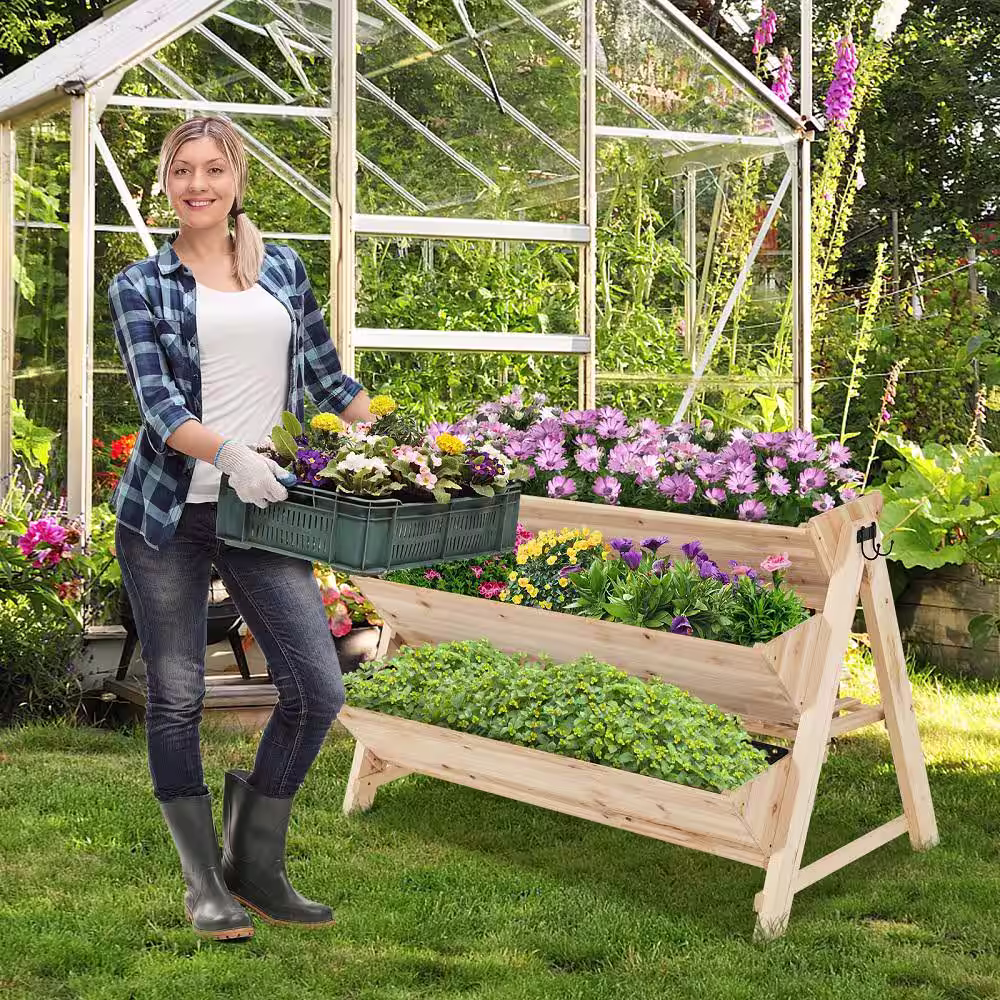 HONEY JOY 3-Tier Vertical Garden Bed Wooden Elevated Planter Bed W/Legs Storage Shelf 2 Hooks Raised Bed Kit