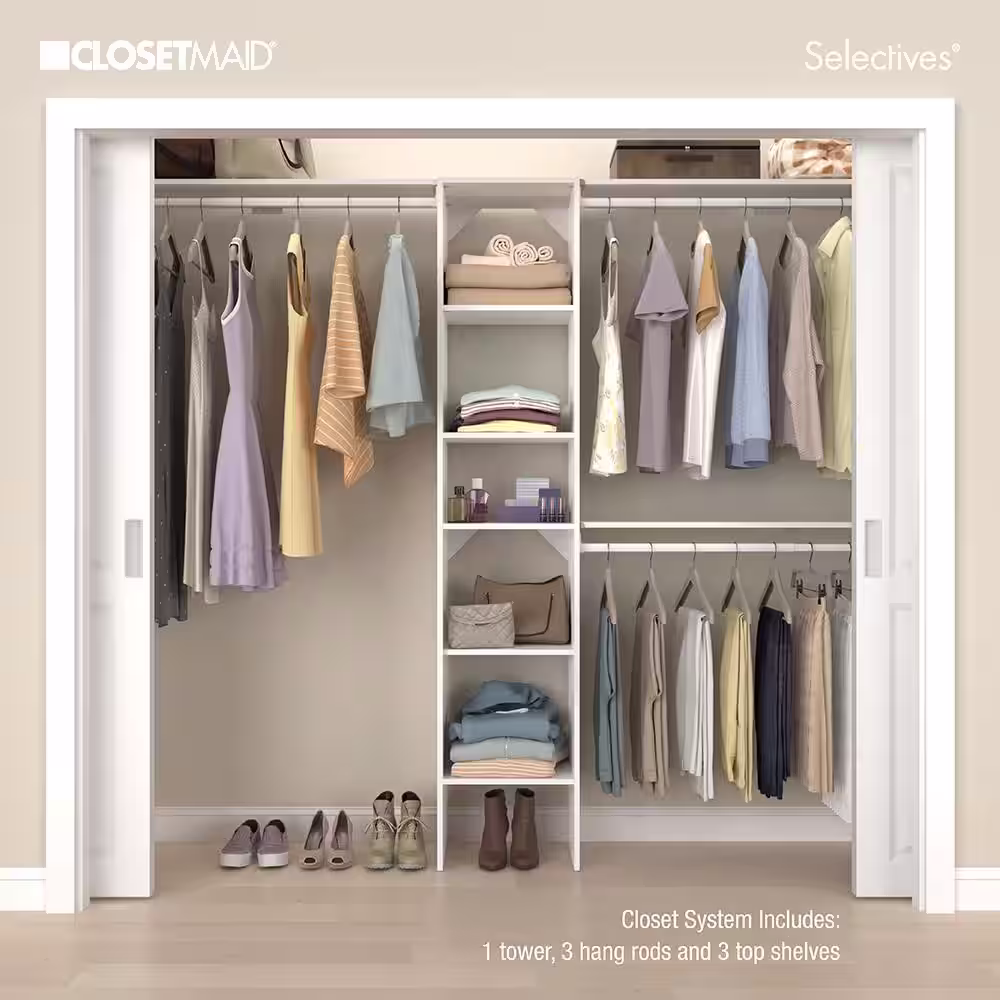 ClosetMaid Selectives 76.85 in. W x 112.85 W White Basic Narrow Wood Closet System Kit with Top Shelves