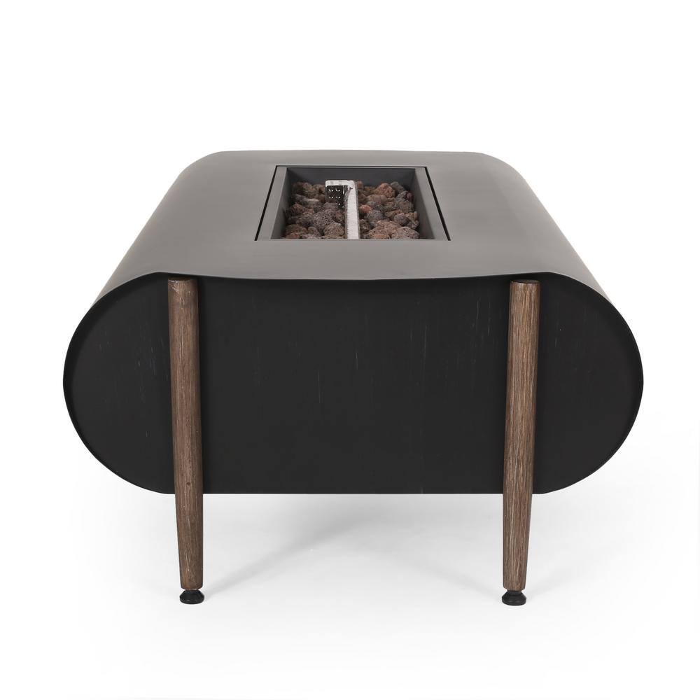 Noble House Jesse Dark Grey/Wood Grain Metal Rectangular Stone Fire Pit (No Tank Holder)