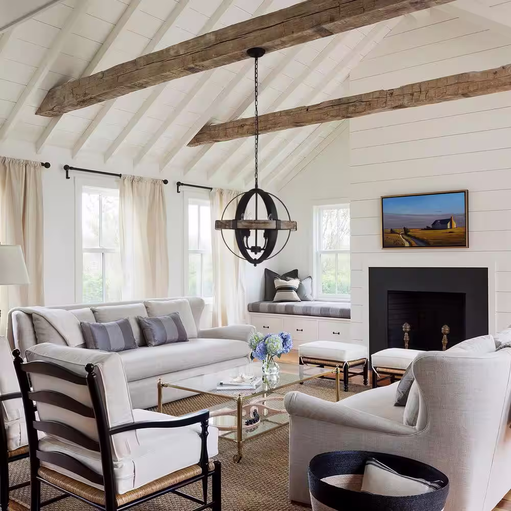 Flint GARDEN Farmhouse 4-Light Black Wood Orb Candle Chandelier Hanging Pendant Light