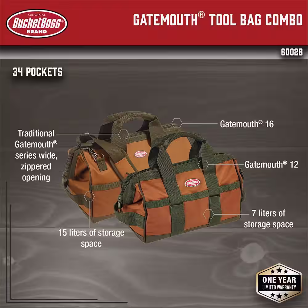 BUCKET BOSS Gatemouth 12 in. and 16 in. Tool Bag Combo