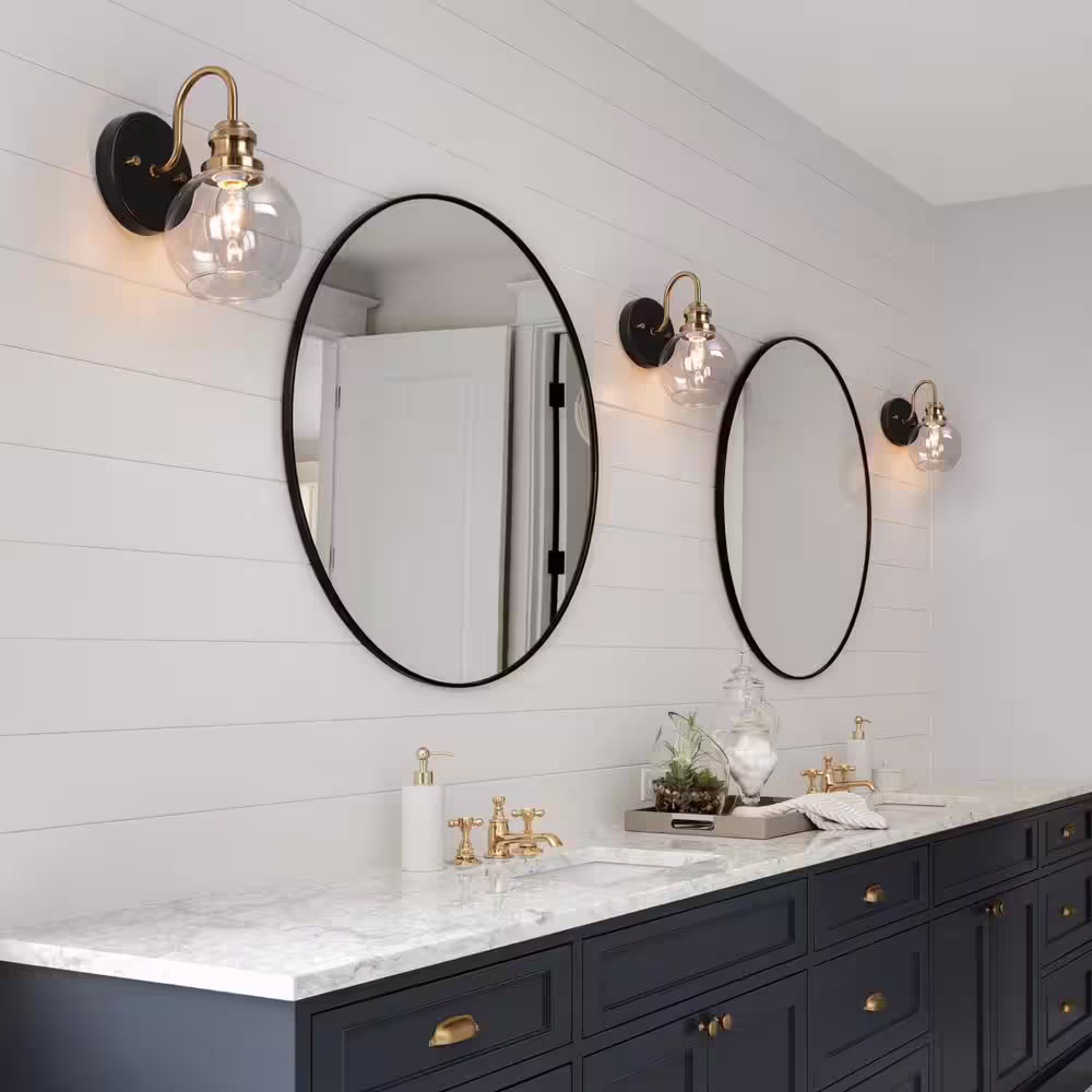 None 5 in. Modern Farmhouse Wall Sconce Lighting, 1-Light Brass Gold Bathroom Vanity Light, Globe Clear Glass Wall Light