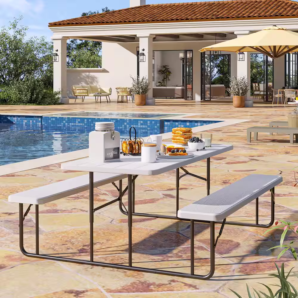 None 6 ft. White Rectangular HDPE Picnic Table and Bench with Umbrella Hole