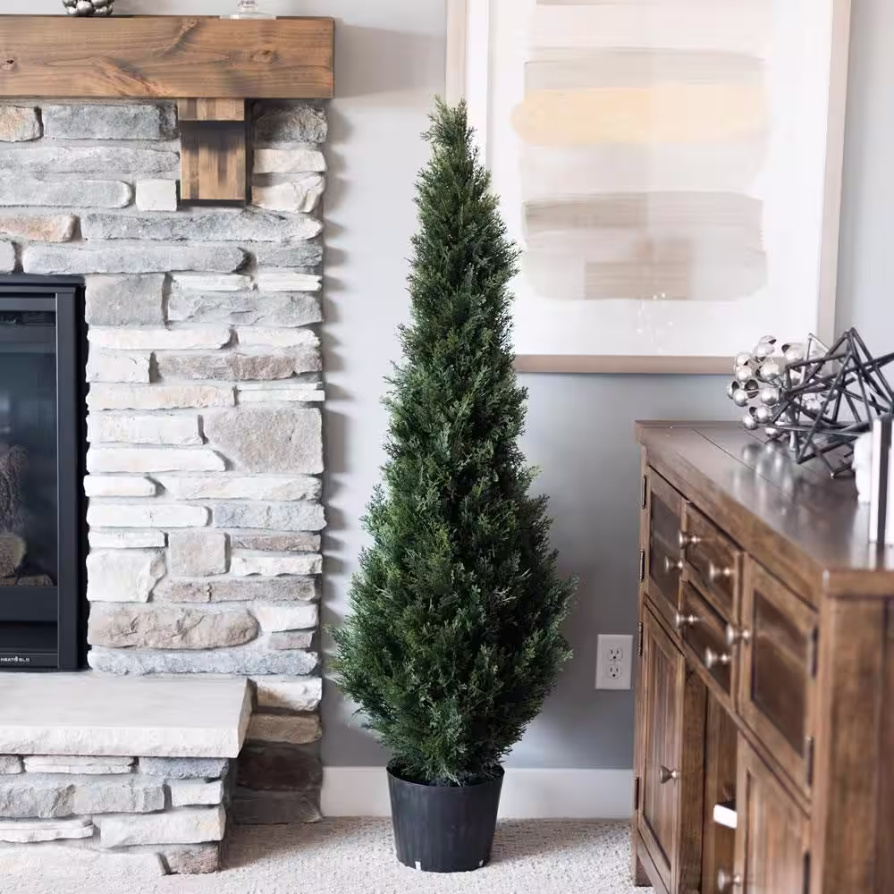 Vickerman 4 ft. Green Artificial Potted Cedar Topiary Tree in Pot