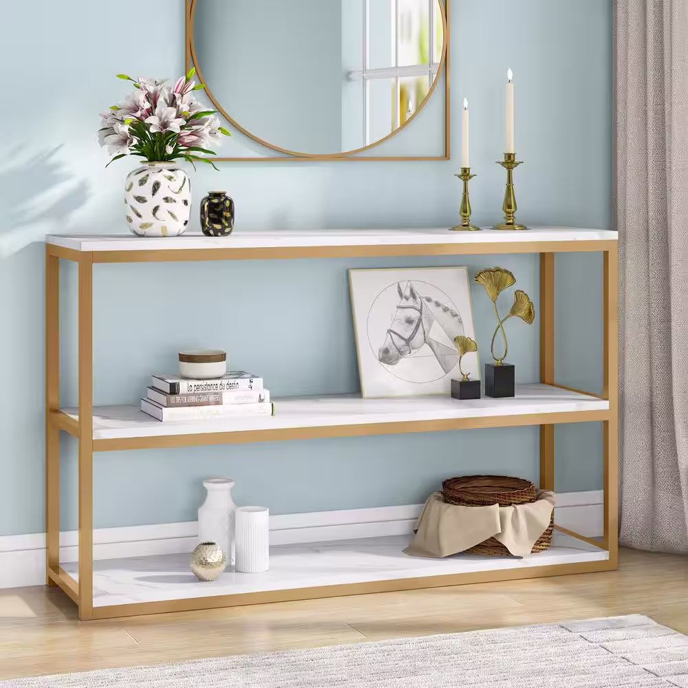 None Turrella 43.3 in. White and Gold Rectangle Faux Marble Console Table Entry Table with 3-Tier Storage Shelves