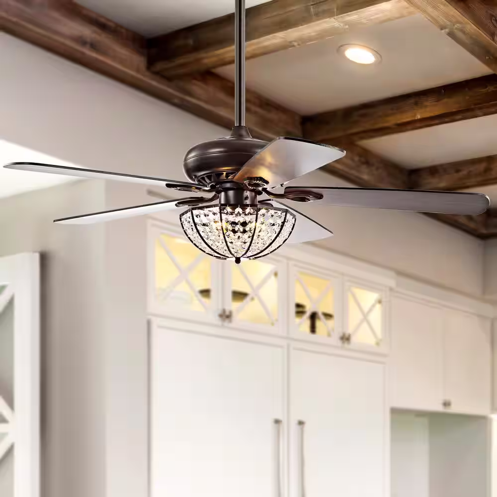 JONATHAN Y Joanna 52 in. Oil Rubbed Bronze 3-Light Bronze Crystal LED Ceiling Fan with Light and Remote