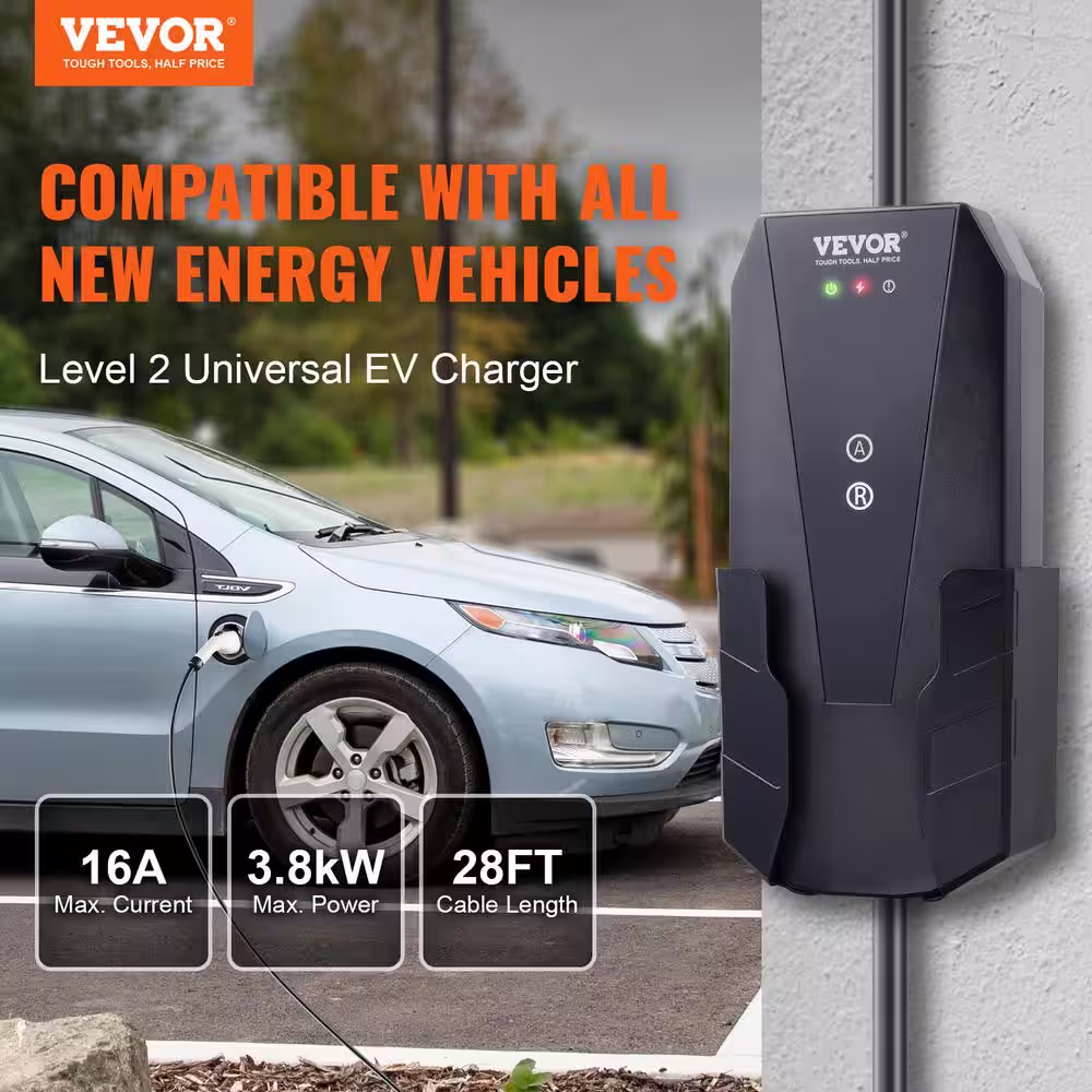 None Level 2 EV Charger 8 to 16 Amp Electric Vehicle Charger with 28 ft. Charging Cable NEMA 10-30P for Home Charging Station