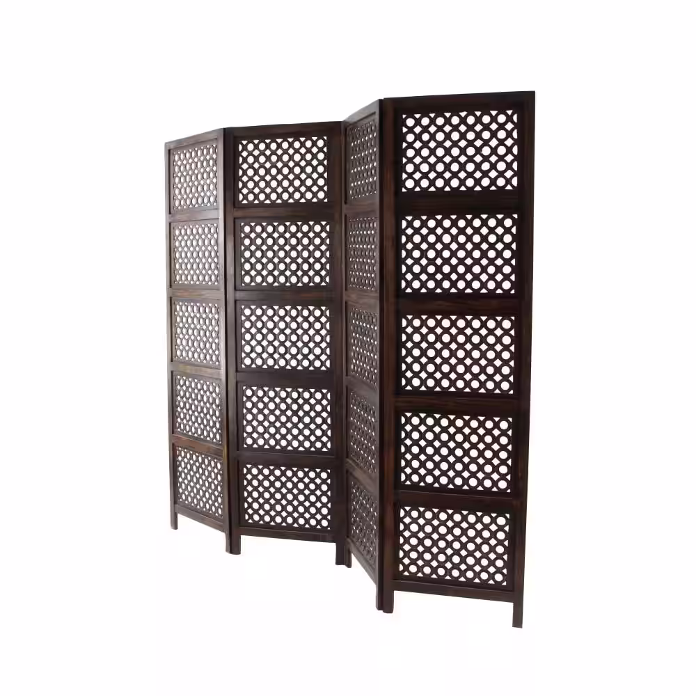 Litton Lane 6 ft. Brown 4 Panel Floral Handmade Hinged Foldable Partition Room Divider Screen with Intricately Carved Designs