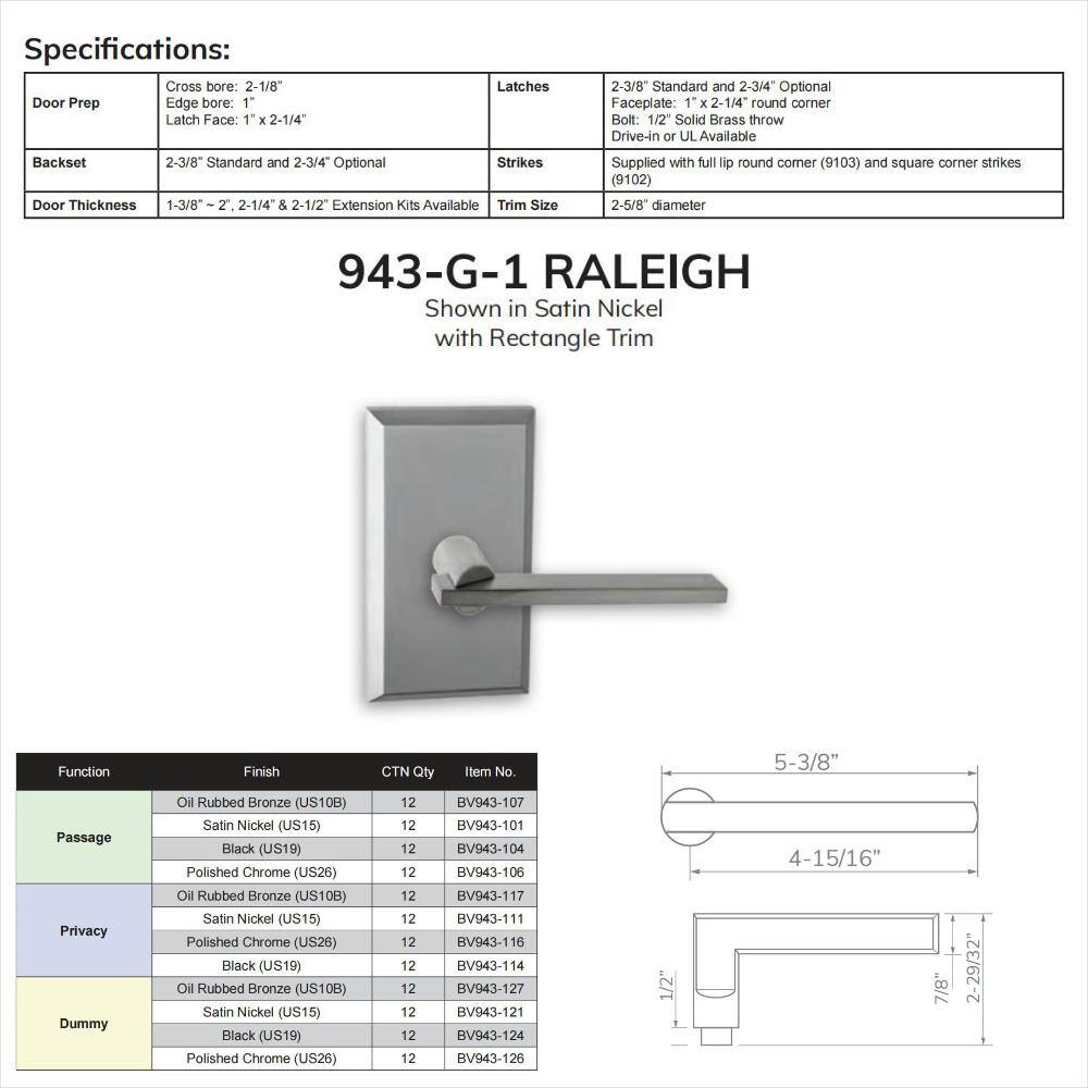 None Bravura Raleigh 943G-1 Dummy Lever Satin Nickel w/ Rectangle Trim