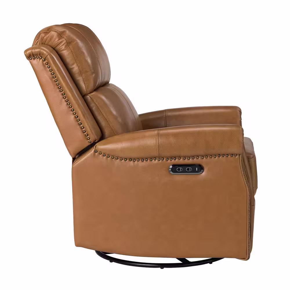 JAYDEN CREATION Kaletan Traditional Camel Genuine Leather Power Sliding and Rocking Swivel Recliner Nursery Chair with Rolled Arms
