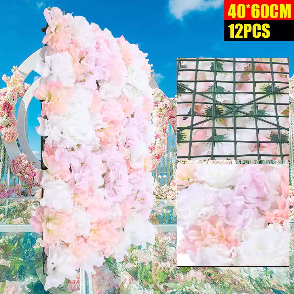 YIYIBYUS 12-Piece Artificial Silk Rose Flower Wall Panel Wedding Photography Venue