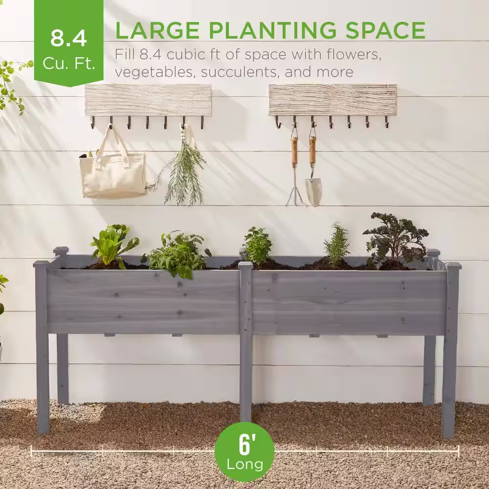Best Choice Products 6 ft. x 2 ft. x 2.5 ft. Raised Garden Bed, Elevated Wooden Planter Box Stand for Backyard, Patio w/Divider Panel- Gray