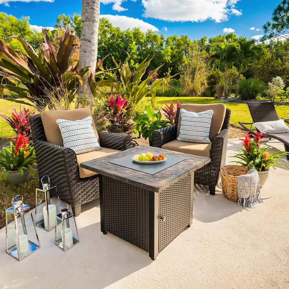 FIRE ISLAND 30 in. W x 24.6 in. H Square Steel LP Gas Mosaic Table Top Fire Pit with Oil Rubbed Bronze Base and 50000 BTU Burner