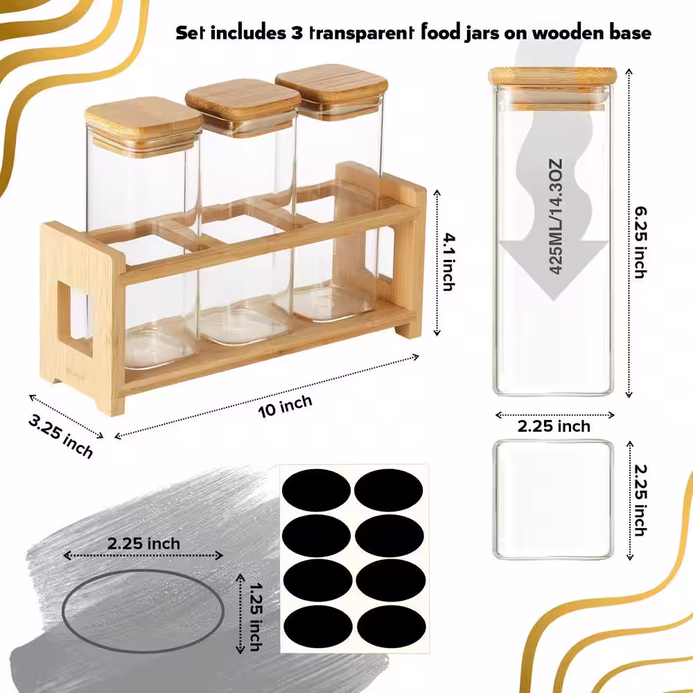 None Glass Mini Storage Jars with Bamboo Lids and Display Stand - For Coffee, Sugar, Candy etc.