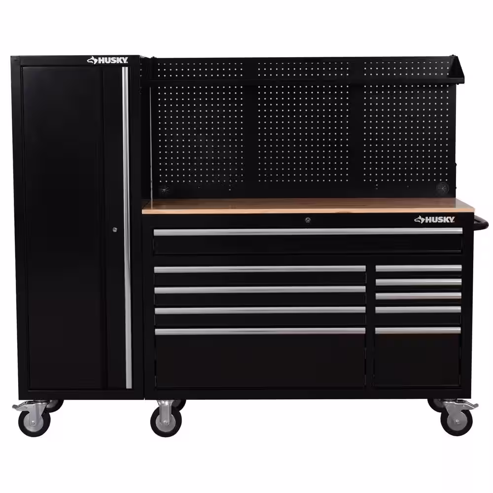 Husky Modular 72 in. W 10-Drawer Black Mobile Workbench Cabinet  with Pegboard and 20 in. Side Locker