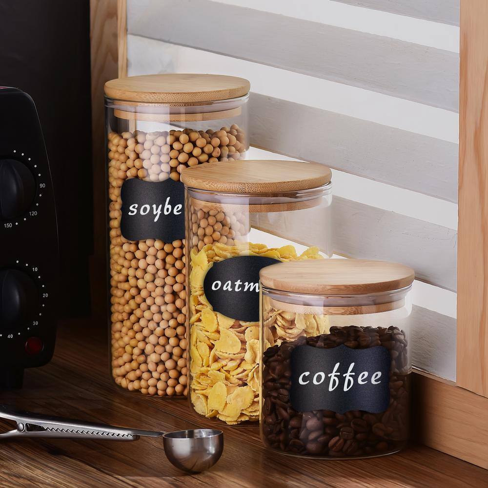 None 3-Piece Glass Storage Jars with Bamboo Lids