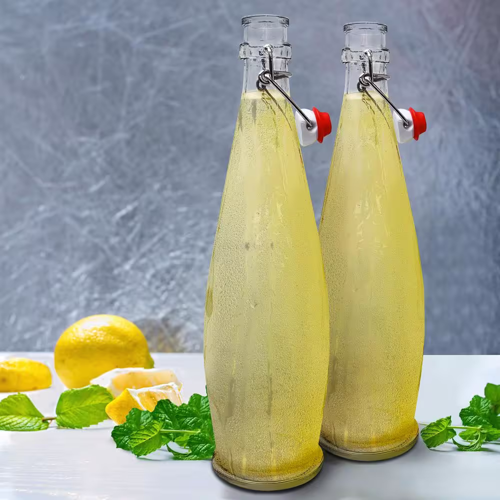 Nevlers 6 Pack 33 oz. Glass Bottles with Swing Top Stoppers, Bottle Brush, Funnel, and Gold Glass Marker - Teardrop Design