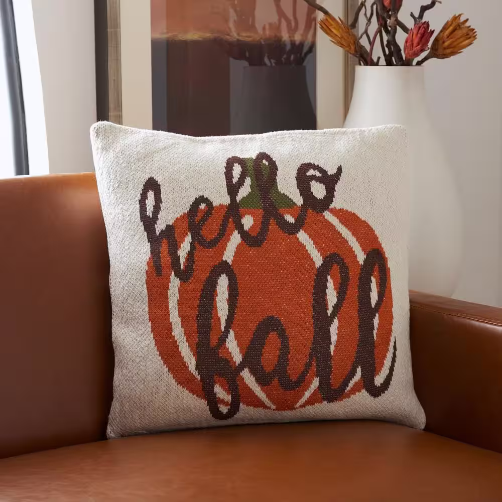 None Hello Fall Natural/Brown/Bright Orange 20 in. x 20 in. Throw Pillow