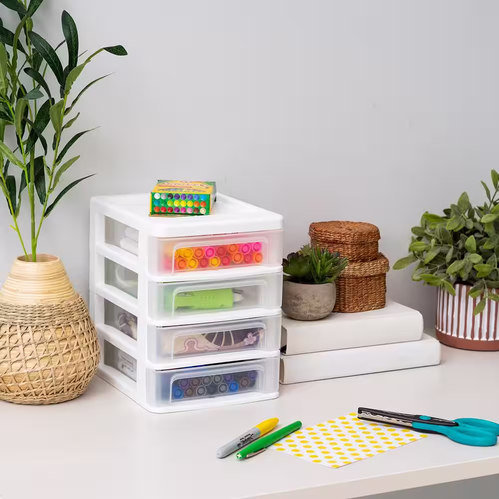 IRIS 7.25 Qt. Compact Desktop 4-Drawer System in White, Storage Tote