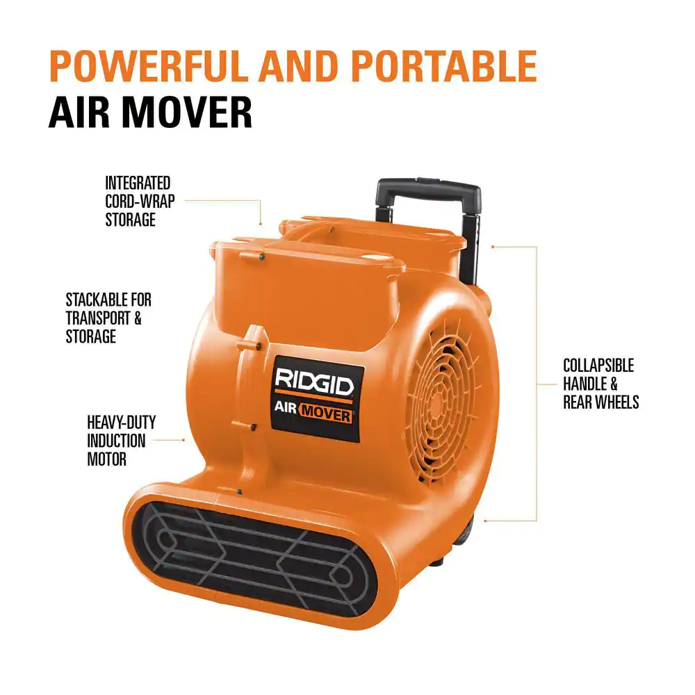 RIDGID 1625 CFM 3-Speed Portable Blower Fan Air Mover with Collapsible Handle and Rear Wheels for Water Damage Restoration