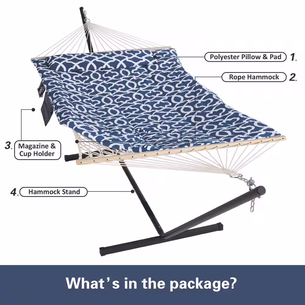 None 10 ft. x 12 ft. Quilted Rope Hammock and 12 ft. Steel Hammock Stand with Detachable Pillow, Blue Pattern