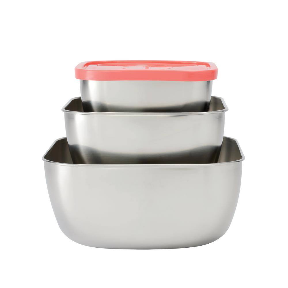 Tramontina 3 Pc Stainless Steel Covered Square Container Set - Multi Color Lids