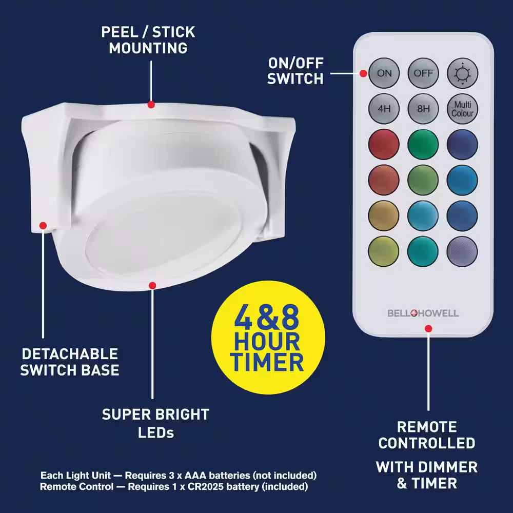 Bell + Howell Color Changing Swivel Base 13 Color Options LED Cabinet Puck Lights (3-Pack) with Remote