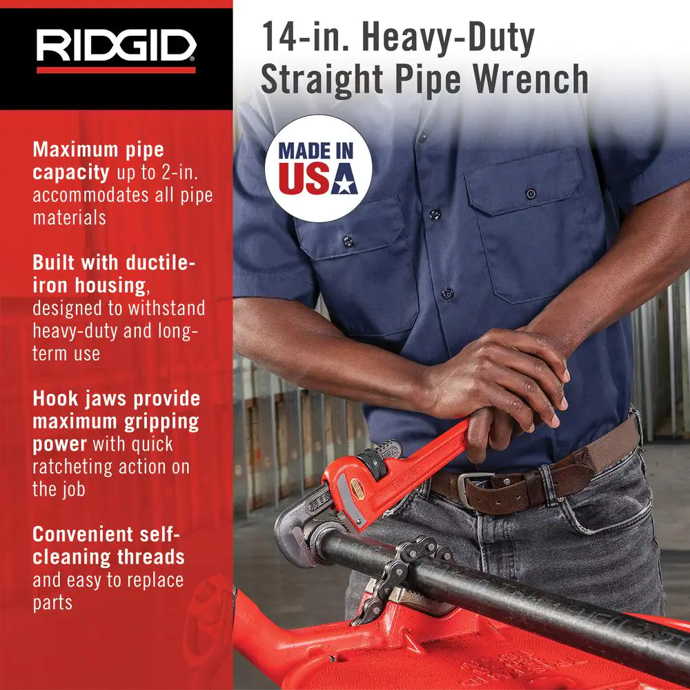 RIDGID 14 in. Straight Pipe Wrench for Heavy-Duty Plumbing, Sturdy Plumbing Pipe Tool with Self Cleaning Threads and Hook Jaws